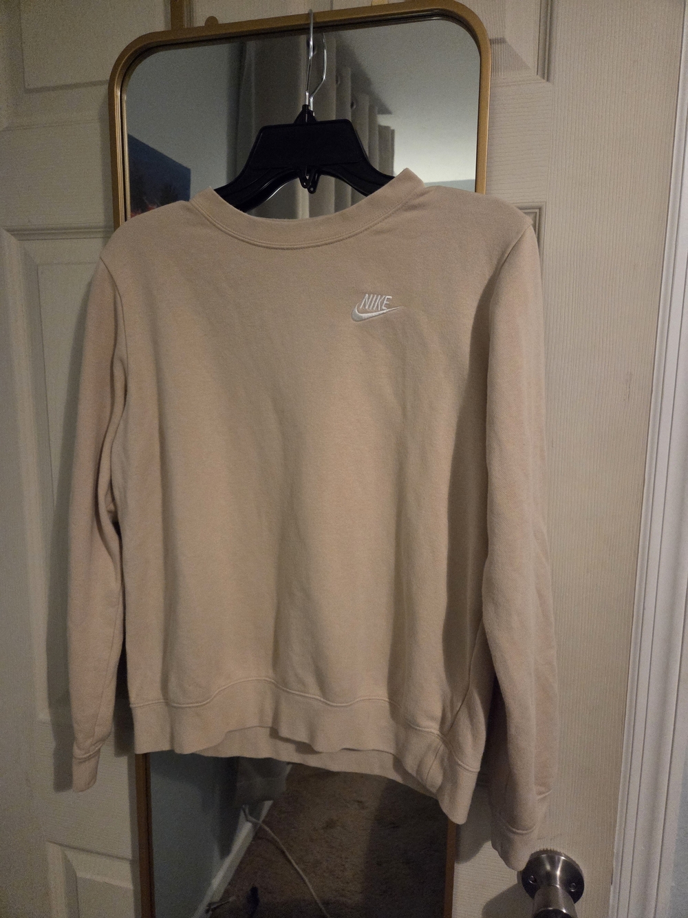 Nike Women's Club Fleece Crewneck Sweatshirt in Beige with White Swoosh-XS (0-2)